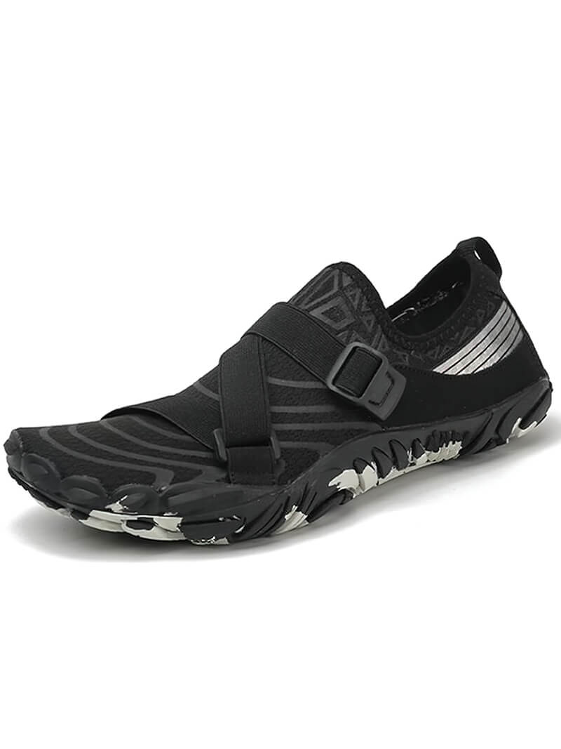 Black breathable elastic water shoe for men and women, perfect for surfing, swimming, and beach activities, featuring a synthetic upper.